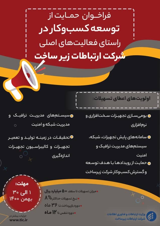 فراخوان ثبت‌نام جهت استفاده از تسهیلات وام وجوه اداره شده شرکت ارتباطات زیرساخت